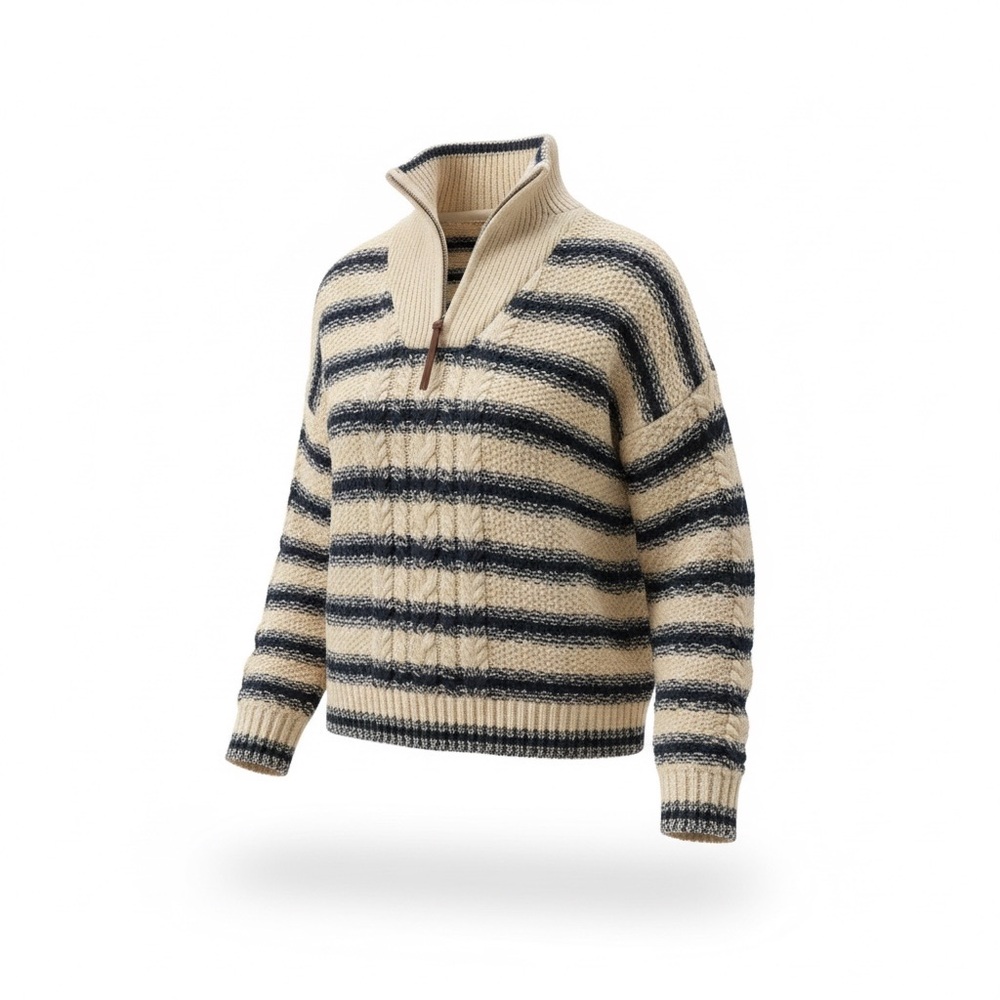 L.L. Bean Men's Signature Fisherman 1/4 Zip Sweater - Navy and Cream Stripes